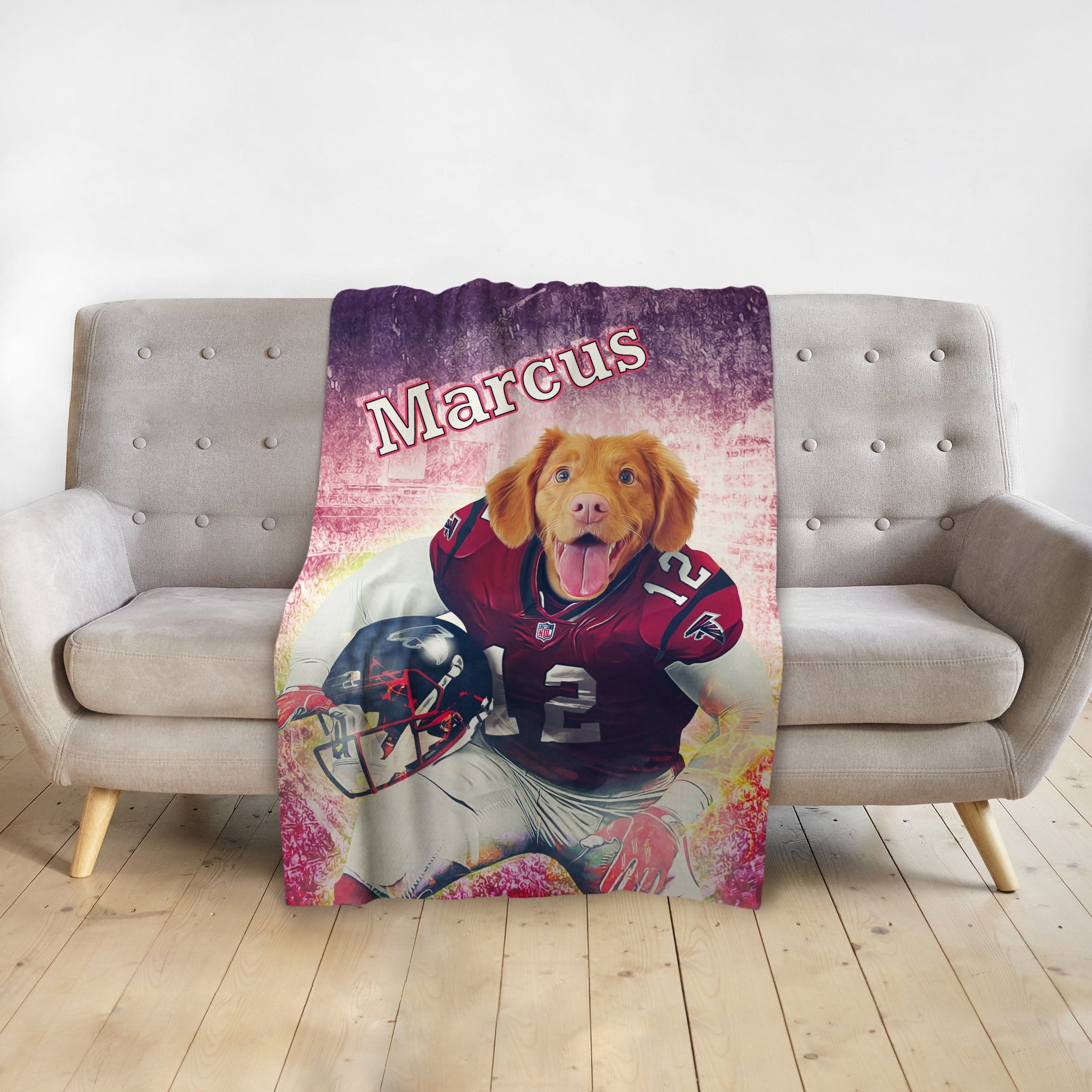 Personalized pet blanket with a Doggovinci portrait of a dog in a football uniform, named Marcus.