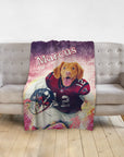 Personalized pet blanket with a Doggovinci portrait of a dog in a football uniform, named Marcus.
