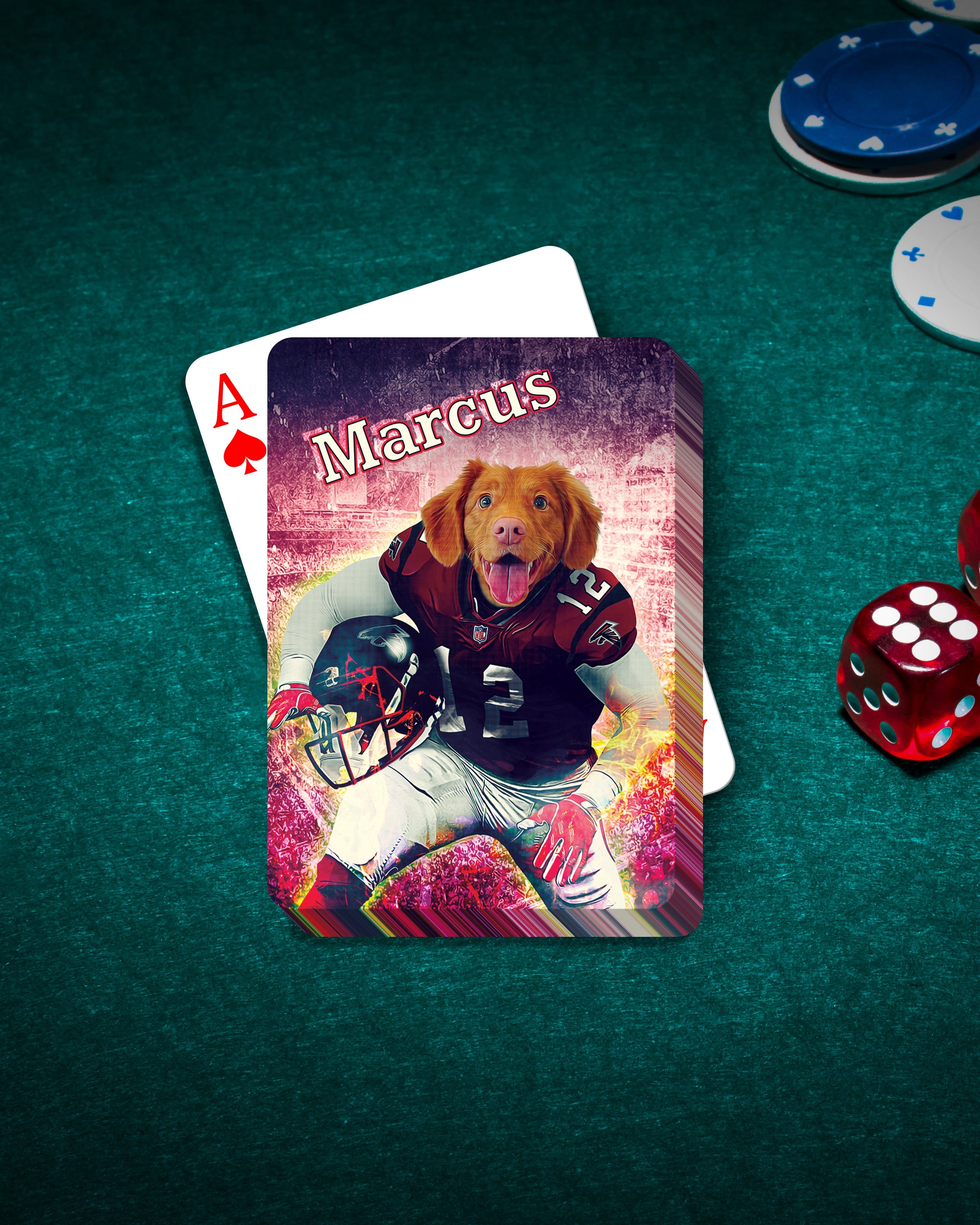 Personalized playing card featuring a dog in a football uniform, named "Marcus," on a green felt table with poker chips and dice.
