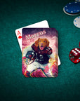 Personalized playing card featuring a dog in a football uniform, named "Marcus," on a green felt table with poker chips and dice.