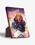 Personalized standing canvas featuring a dog in a red football uniform with "Marcus" at the top.