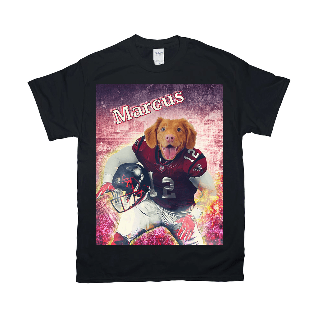 Black Gildan t-shirt featuring a personalized graphic of a dog in an Atlanta Falcons football uniform.