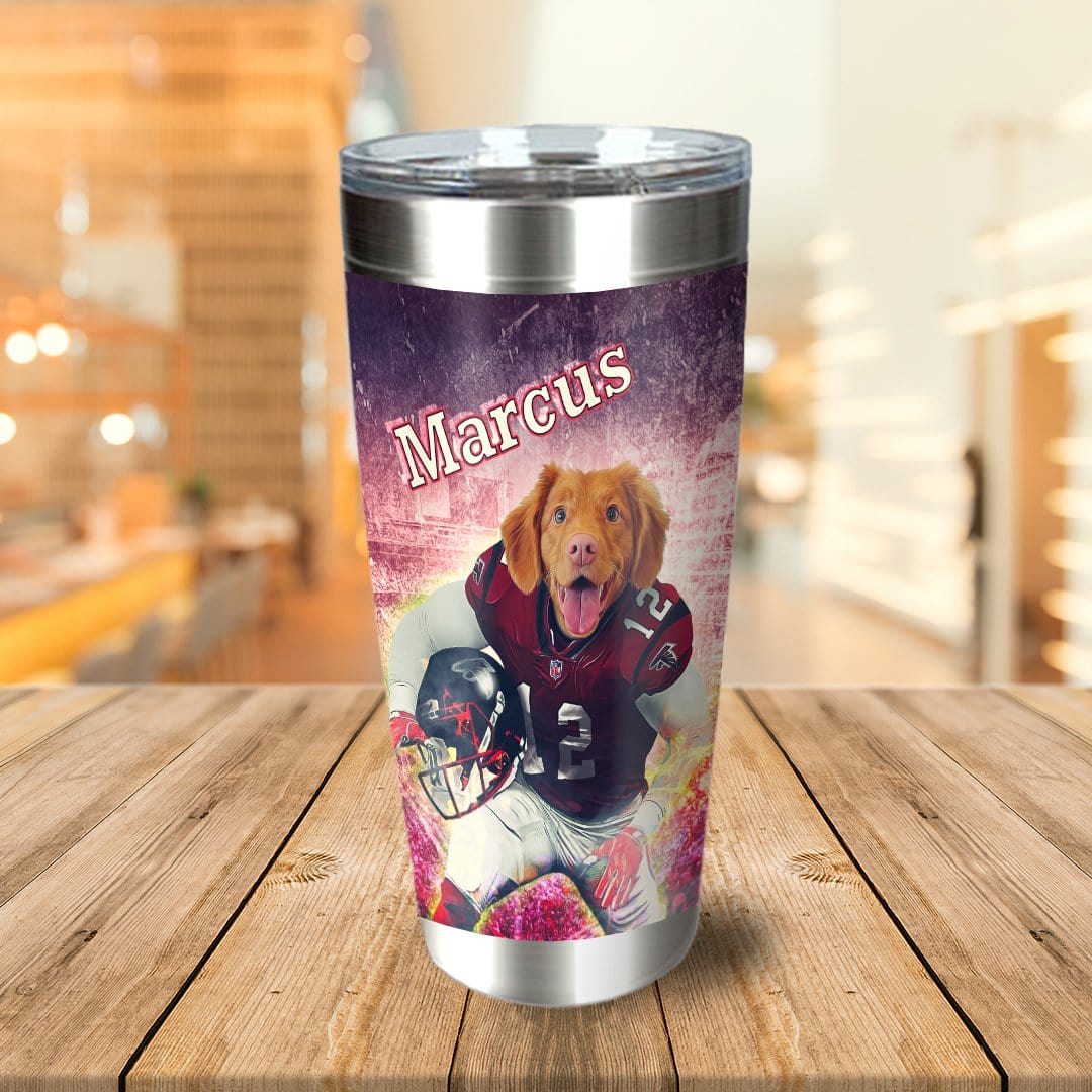 Personalized stainless steel tumbler with a dog in a football uniform and "Marcus" printed on it.