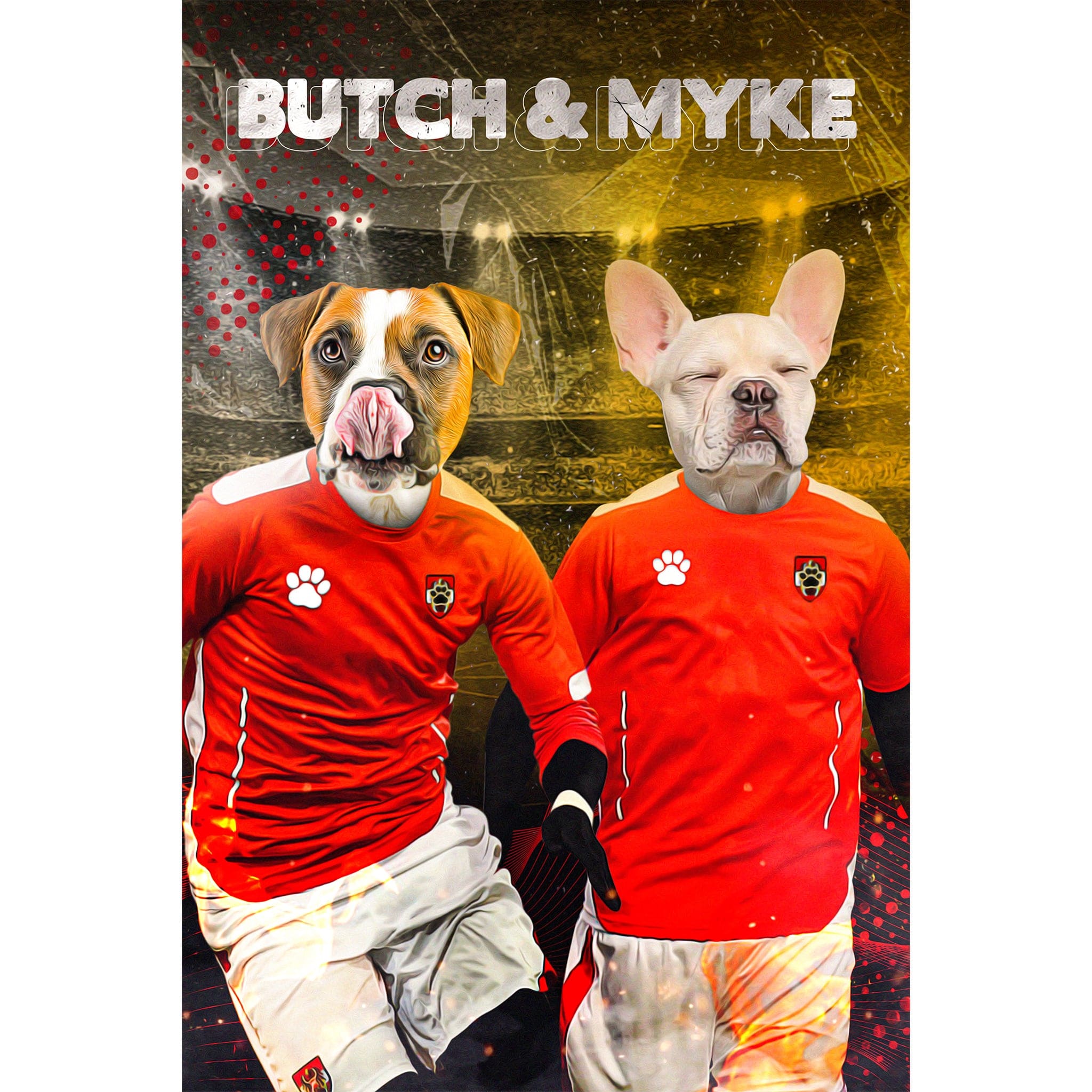 Custom digital portrait of two pets, a boxer and a French bulldog, in red soccer uniforms.
