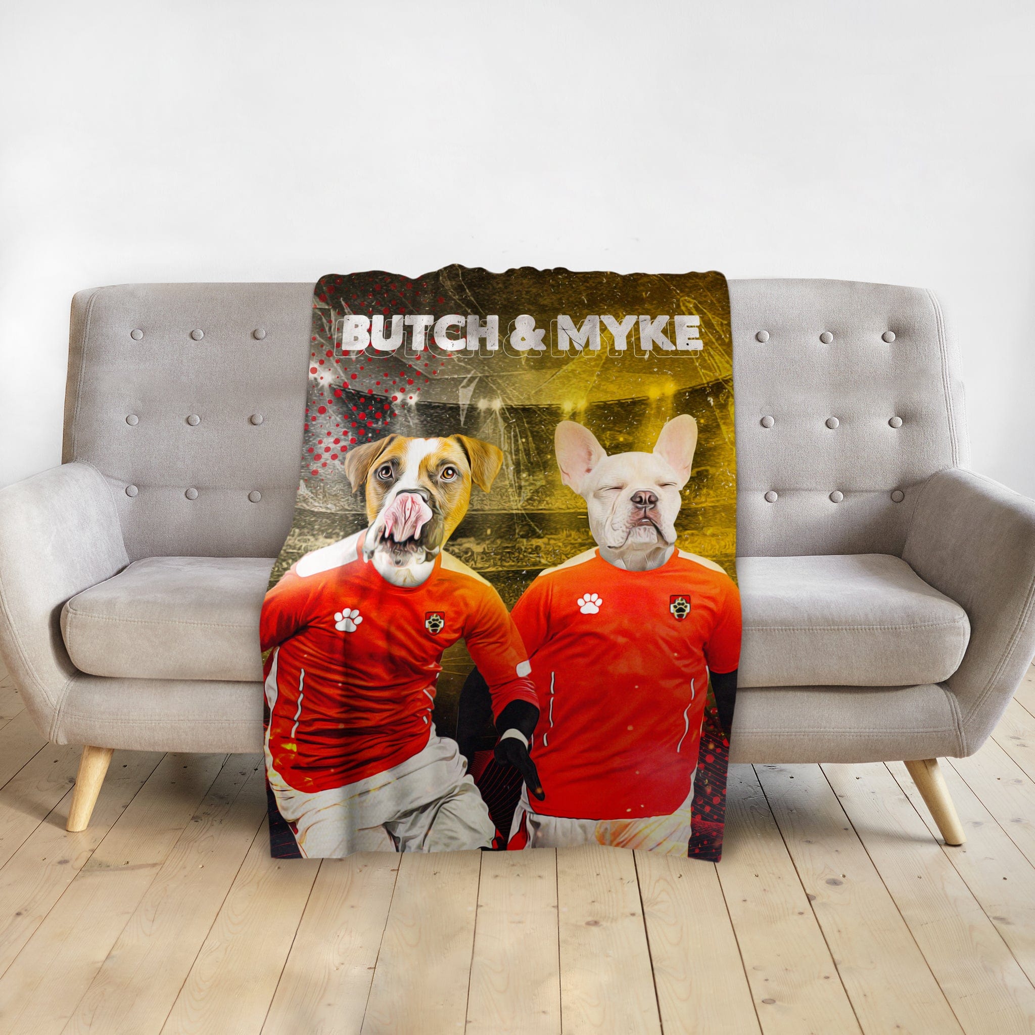 Custom personalized pet blanket with two dogs in red soccer uniforms, named "BUTCH & MYKE".