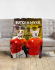 Custom personalized pet blanket with two dogs in red soccer uniforms, named "BUTCH & MYKE".