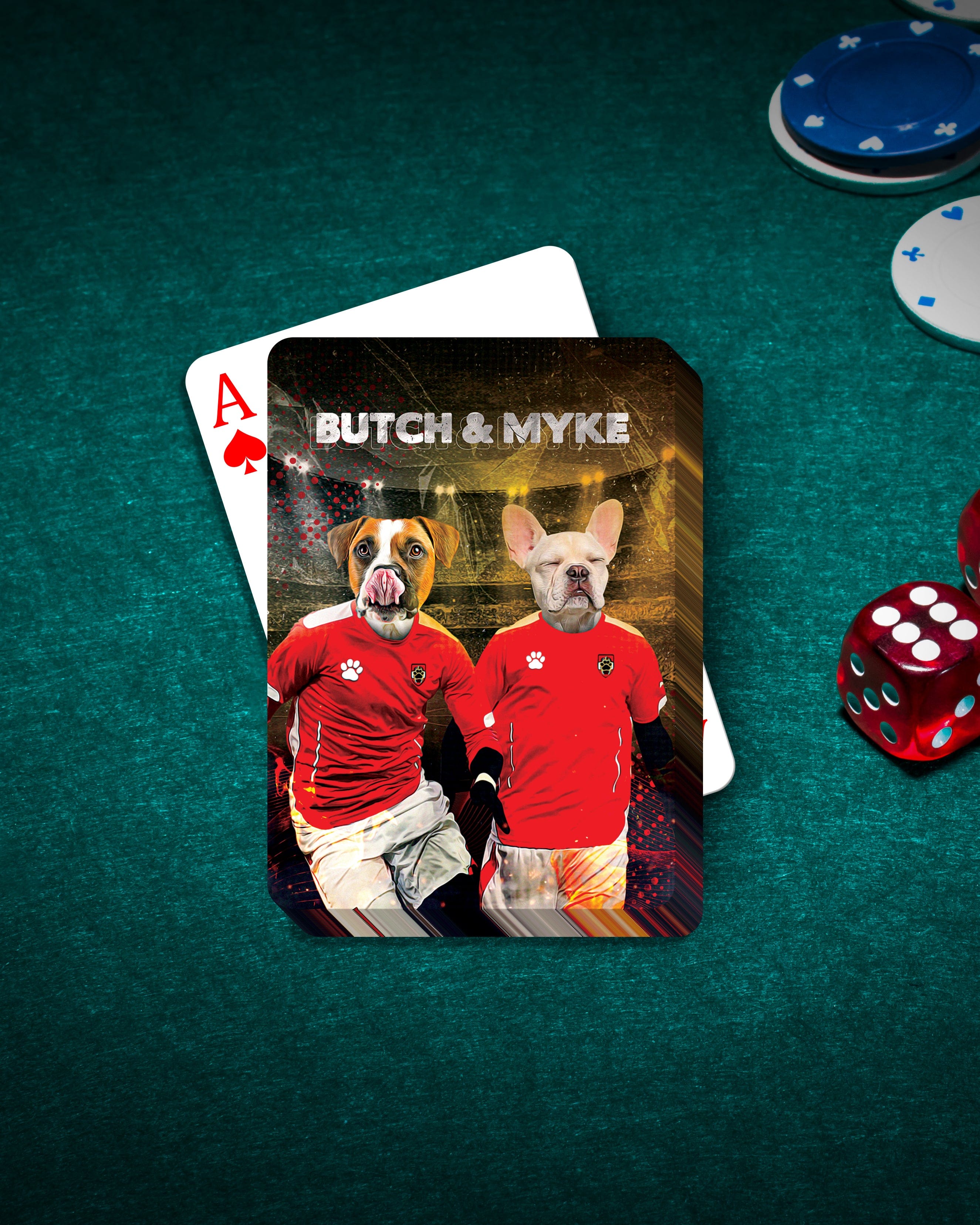 Custom playing card featuring two dogs in red soccer uniforms, "Butch &amp; Myke" text.