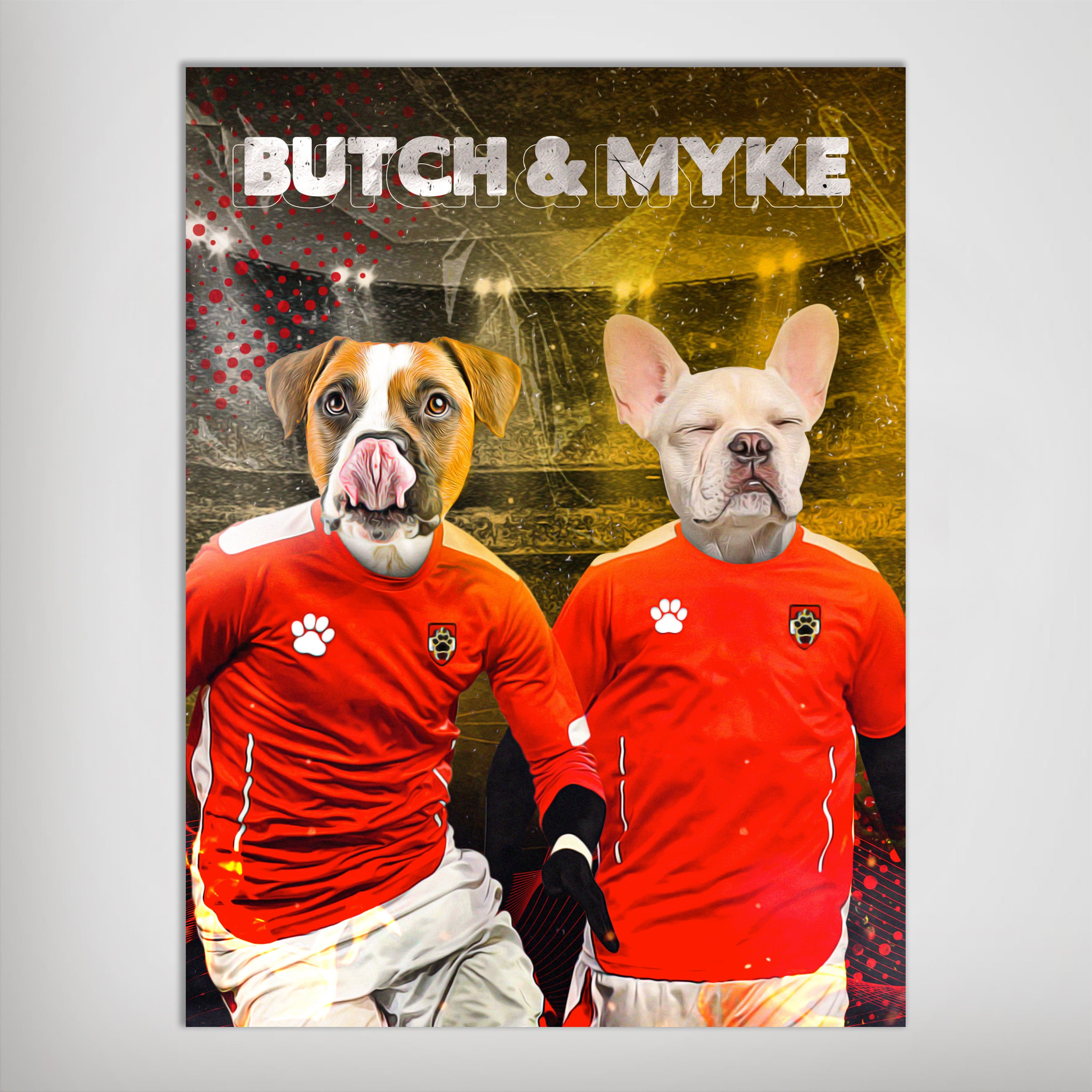 Personalized 'Austria Doggos' poster featuring two pets in red soccer jerseys with names "BUTCH &amp; MYKE".