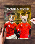 Personalized 2-pet puzzle featuring dogs in soccer jerseys, "Butch & Myke" text, on a wooden surface.