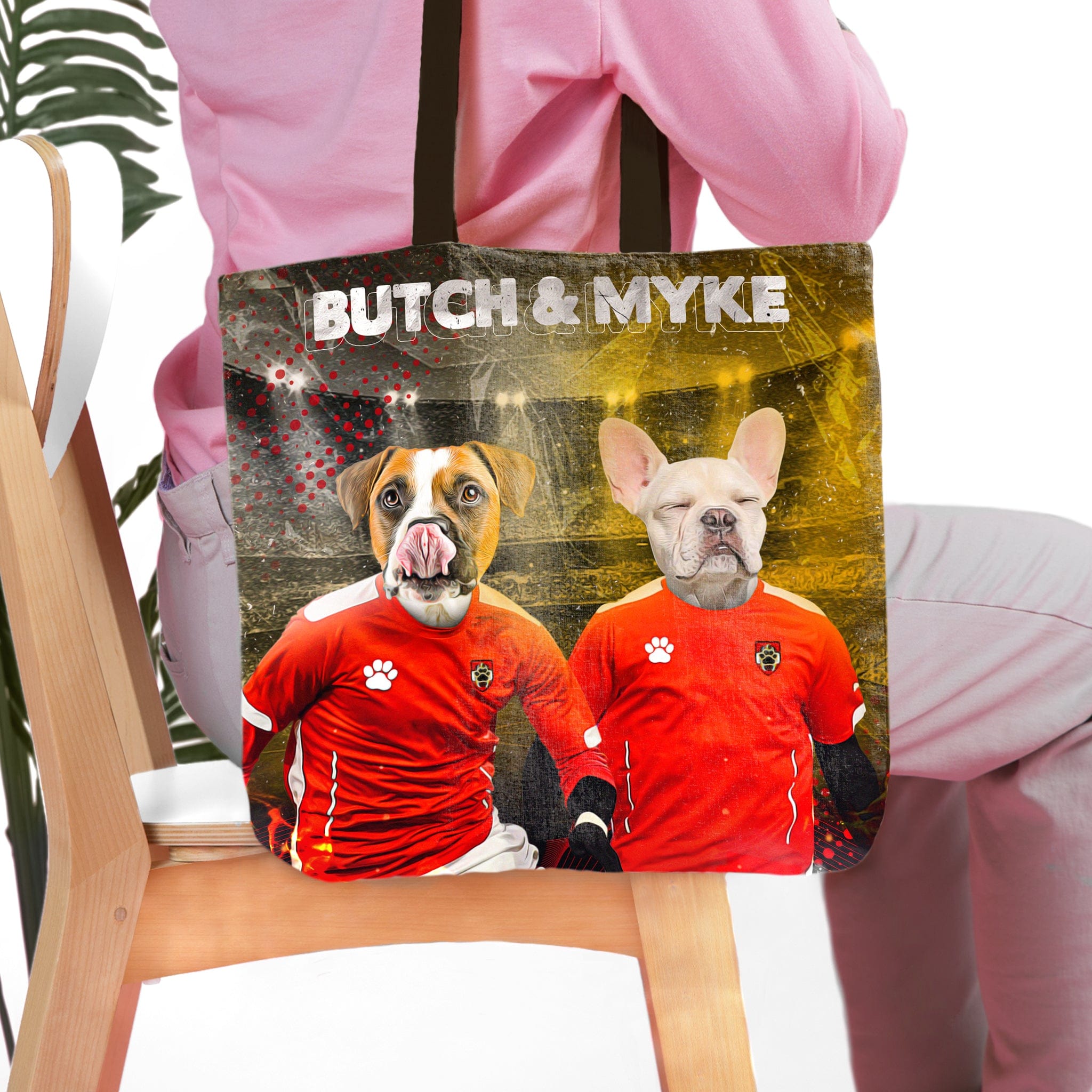 Personalized tote bag with custom dog portraits, "Butch & Myke," in red soccer uniforms.