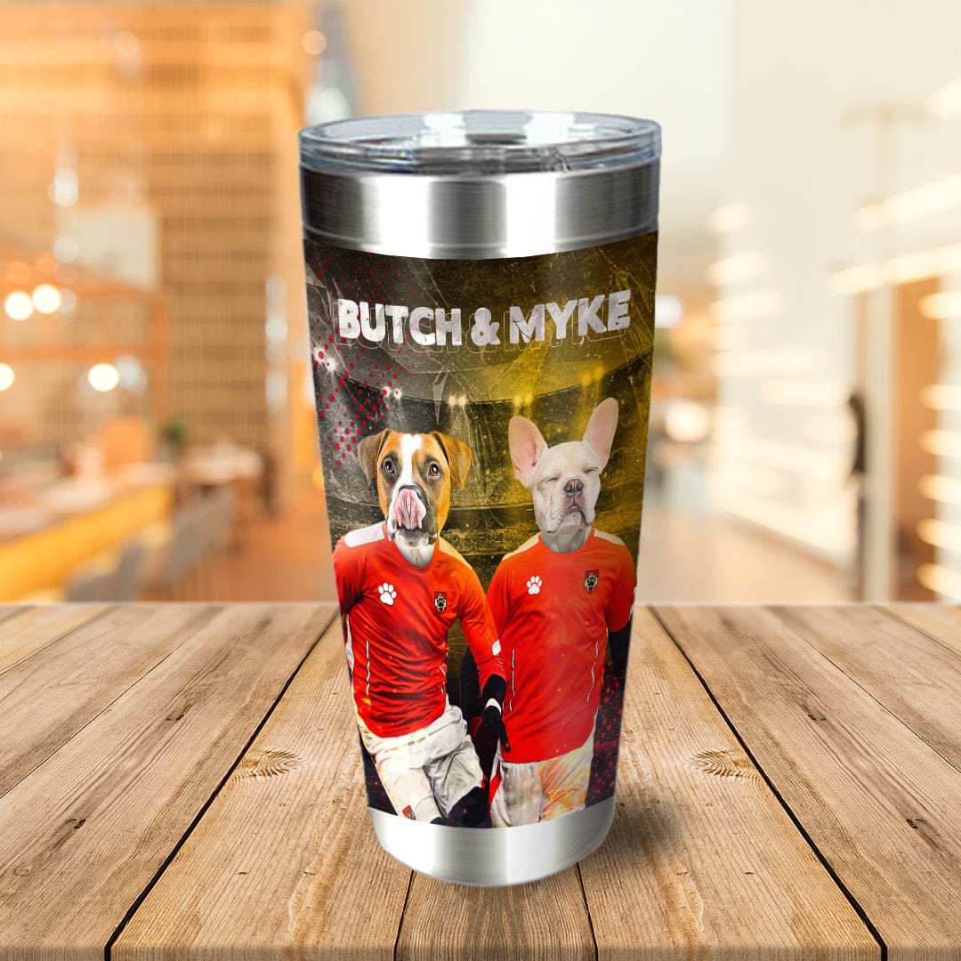 Personalized stainless steel tumbler with two dogs in red soccer uniforms, "BUTCH & MYKE" text.