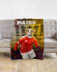 Personalized pet blanket with a dog in a red soccer uniform and "MATEO" on a yellow background.