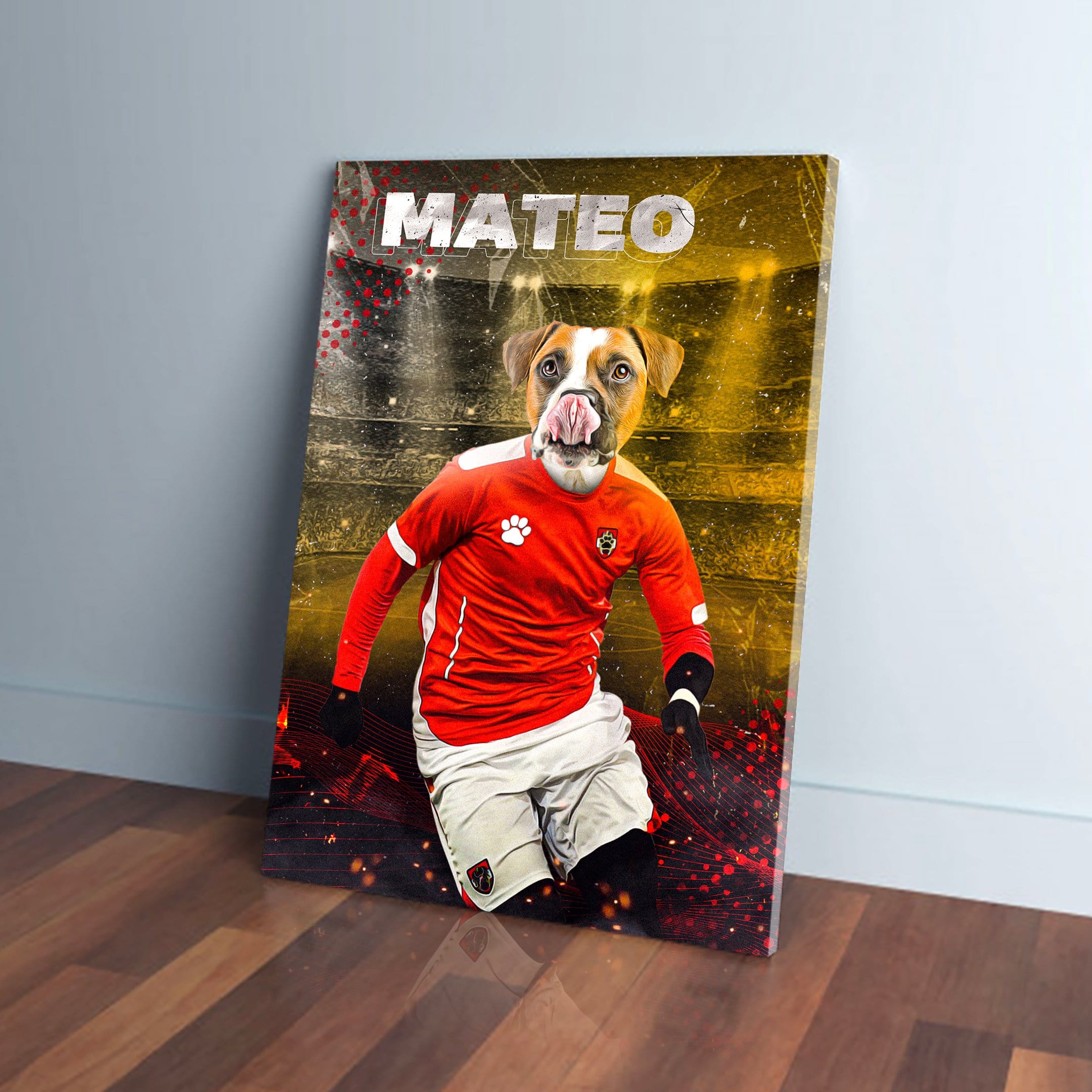 Personalized pet canvas featuring a dog in a red soccer uniform with "MATEO" above, on a yellow and red background.