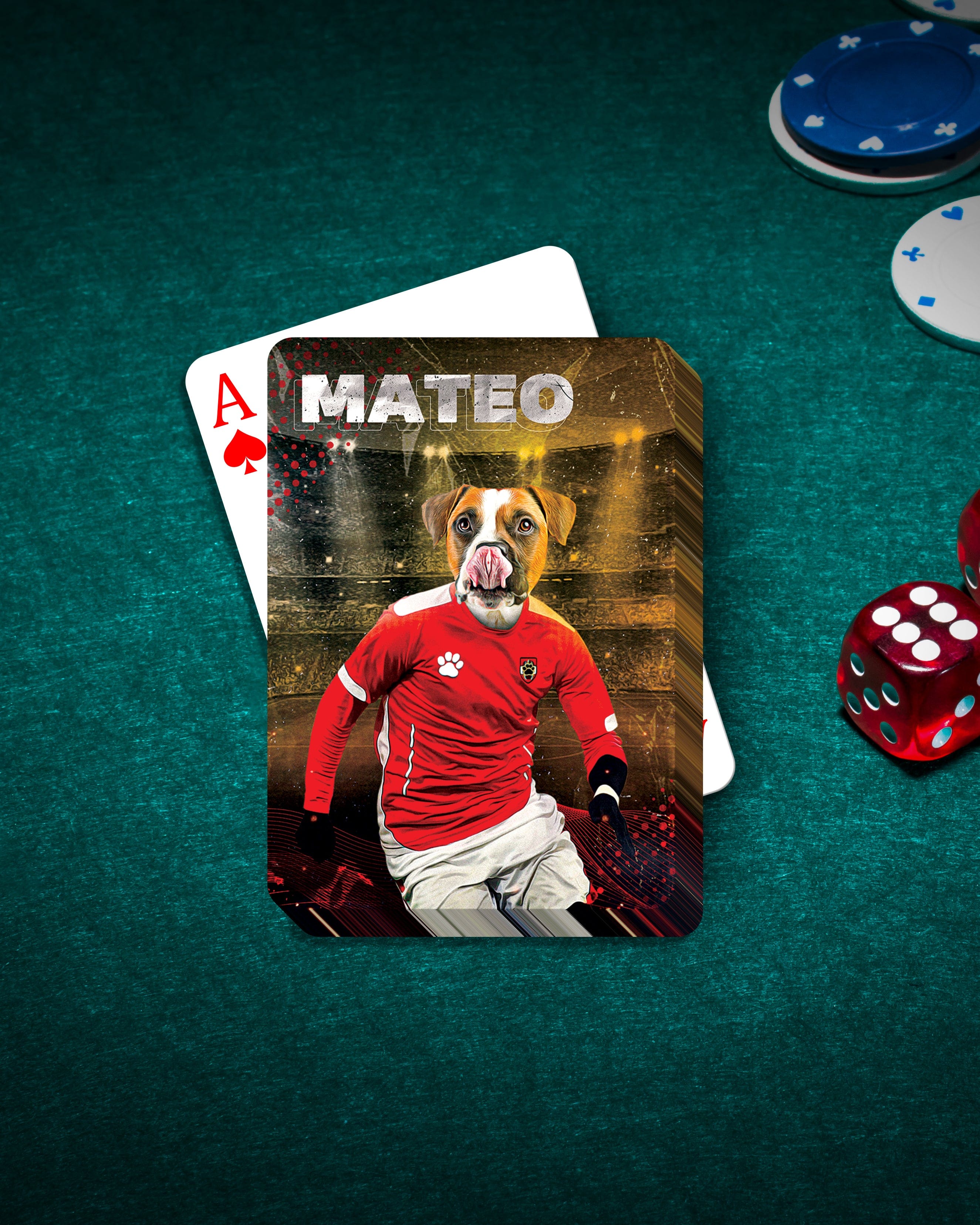 Personalized playing card featuring a dog in an Austria soccer uniform, named Mateo.