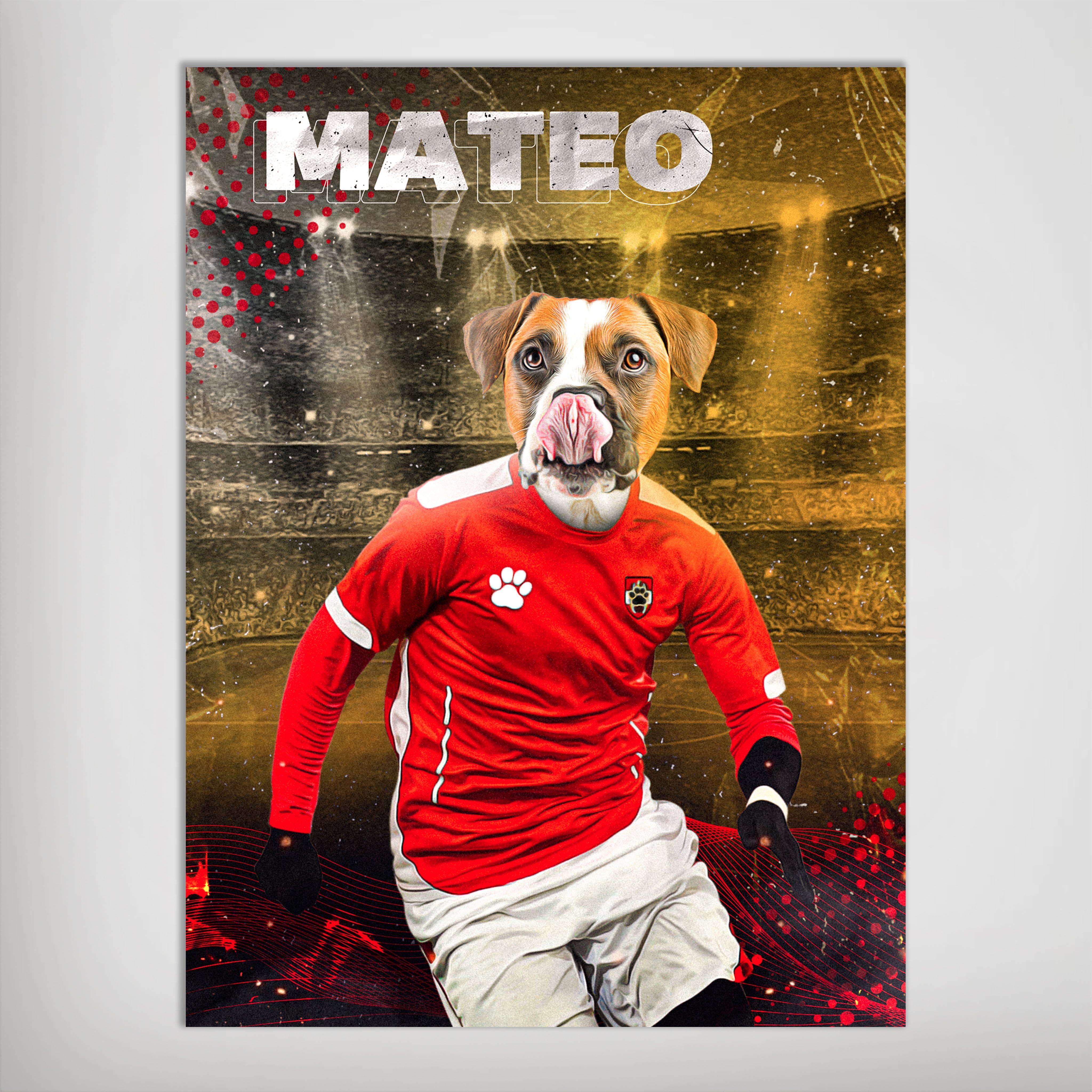 Personalized pet poster featuring a dog's head on a soccer player in a red uniform, with "MATEO" above.