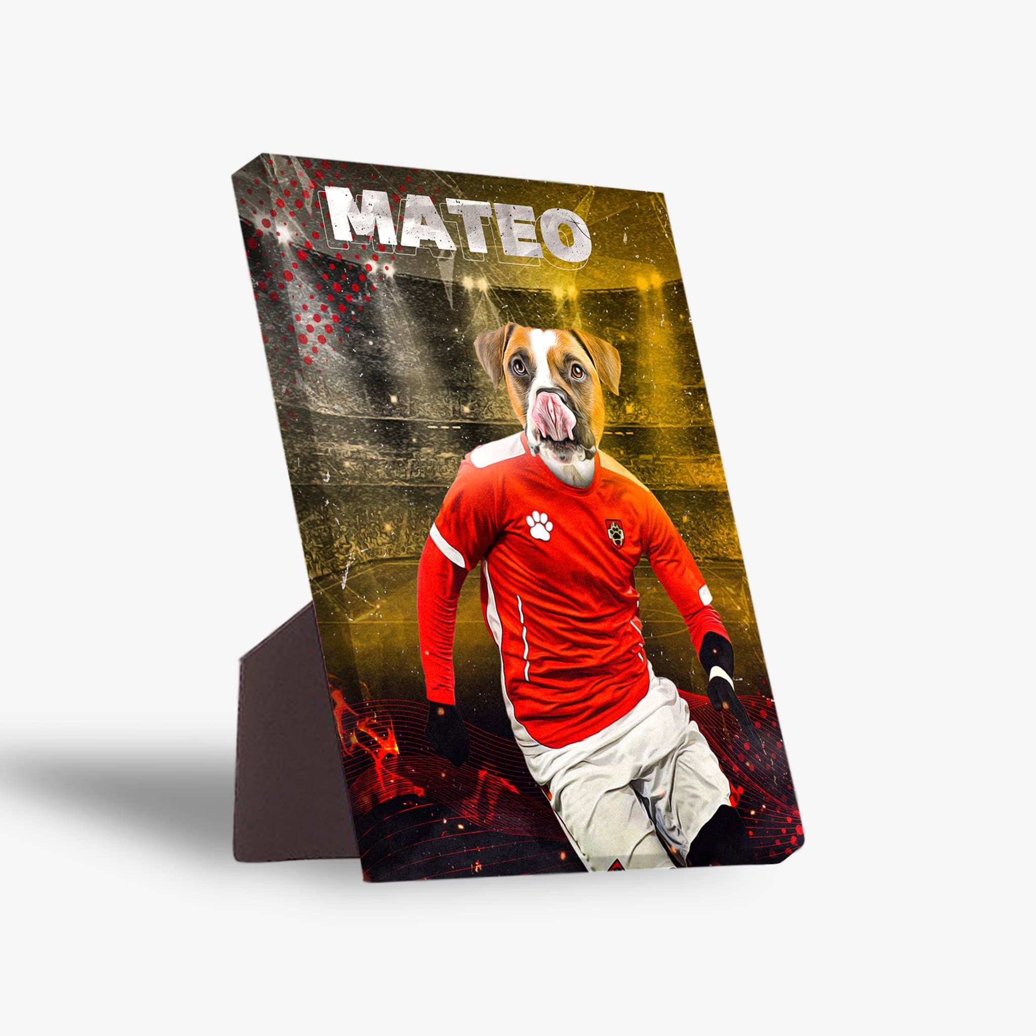 Personalized pet canvas featuring a dog in a red soccer jersey, white shorts, and "MATEO" above.