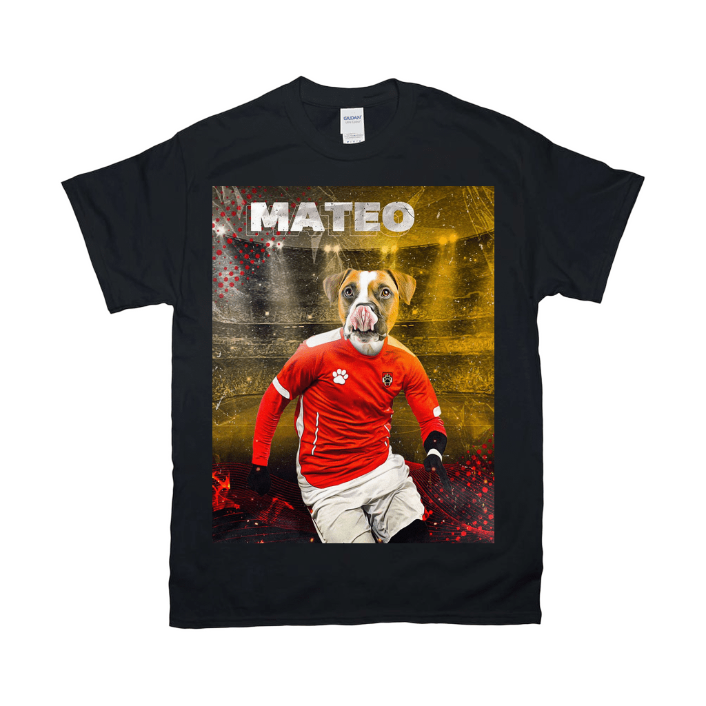 Black Gildan t-shirt with a personalized "Austria Doggos Soccer" design featuring a dog in a red soccer uniform.