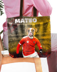 Personalized Austria Doggos Soccer tote bag with a custom pet portrait of a dog in a red football jersey.