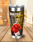Personalized stainless steel tumbler with a custom portrait of a dog in a red soccer uniform, named "MATEO".