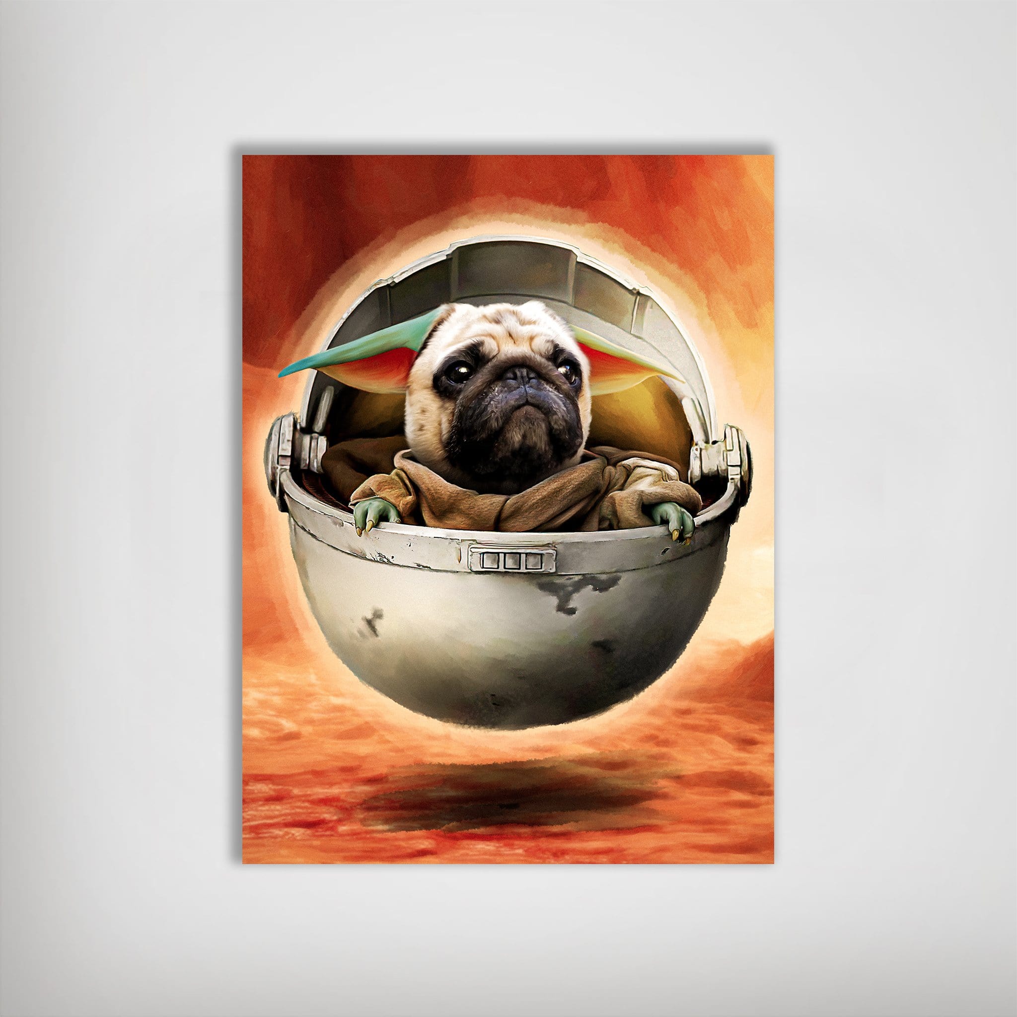 Personalized 'Baby Yodogg' poster featuring a pug in a floating pod against an orange background.