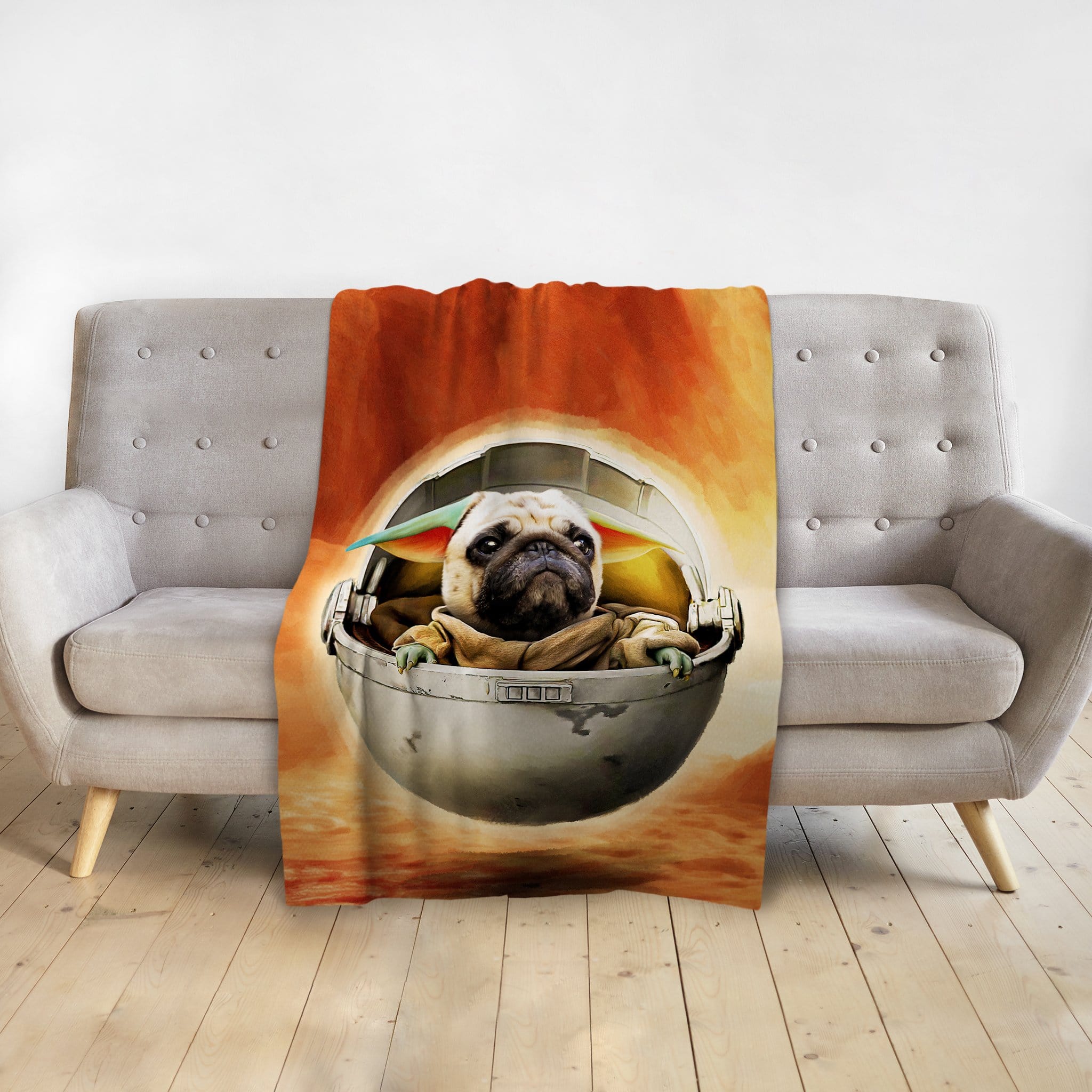 Personalized pet blanket featuring a pug in a Baby Yoda pod, with an orange background.