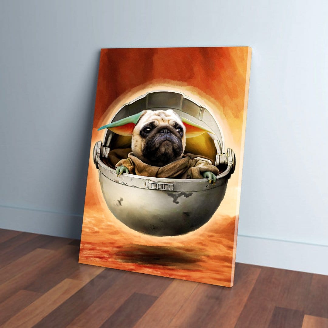 Personalized 'Baby Yodogg' canvas featuring a pug in a floating pod against an orange background.