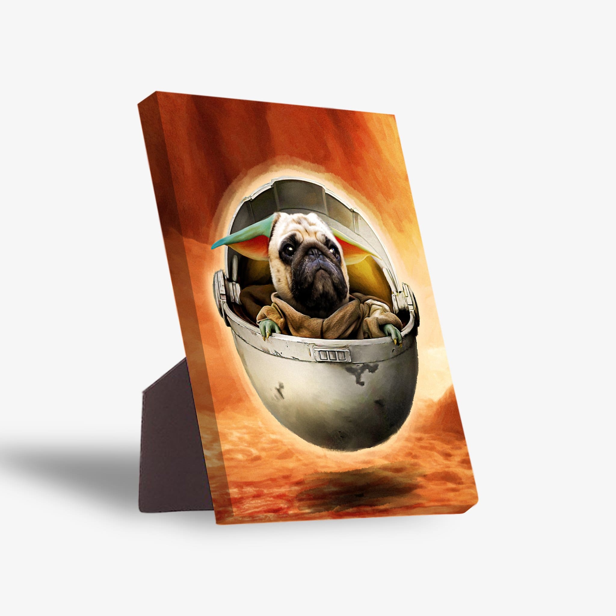 Personalized standing canvas featuring a pug as Baby Yodogg in a pod, against an orange sky.