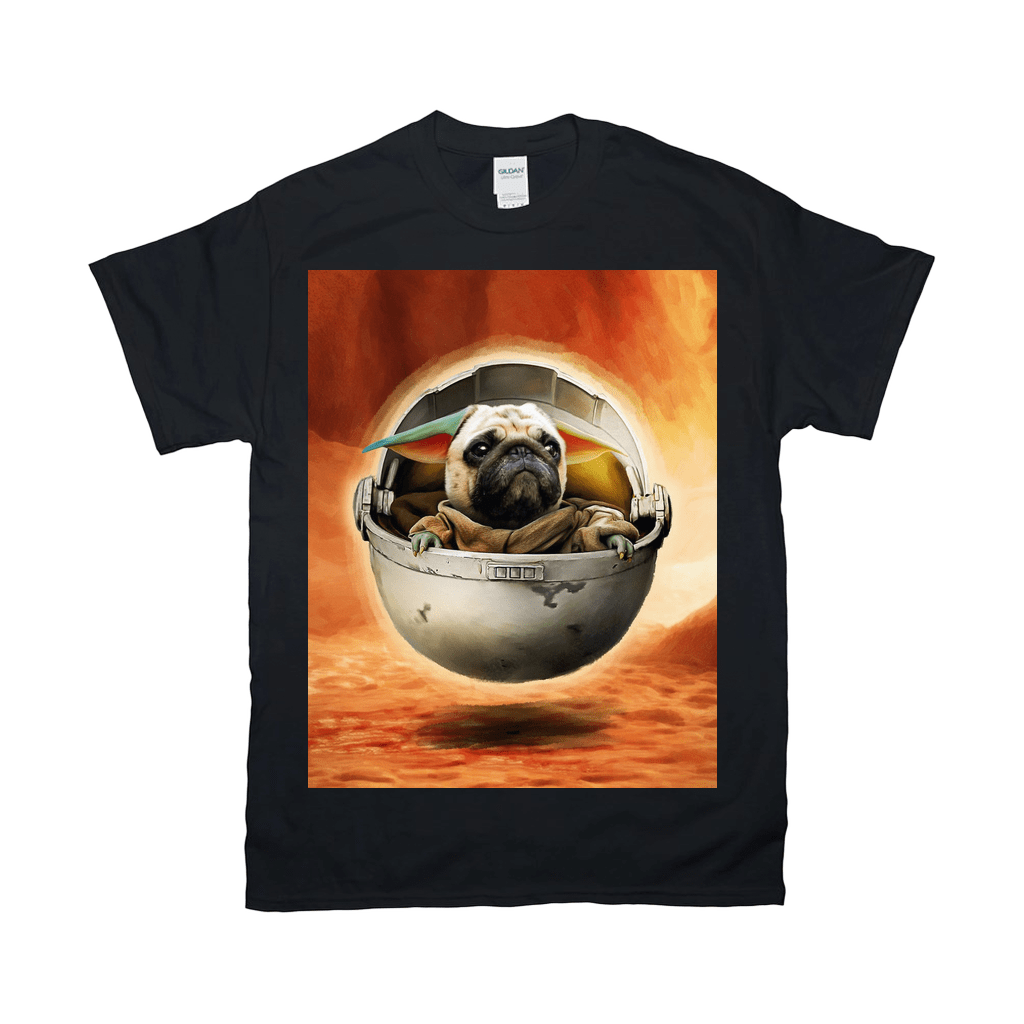 Black Gildan unisex t-shirt with a personalized pug in a "Baby Yoda" pod design.
