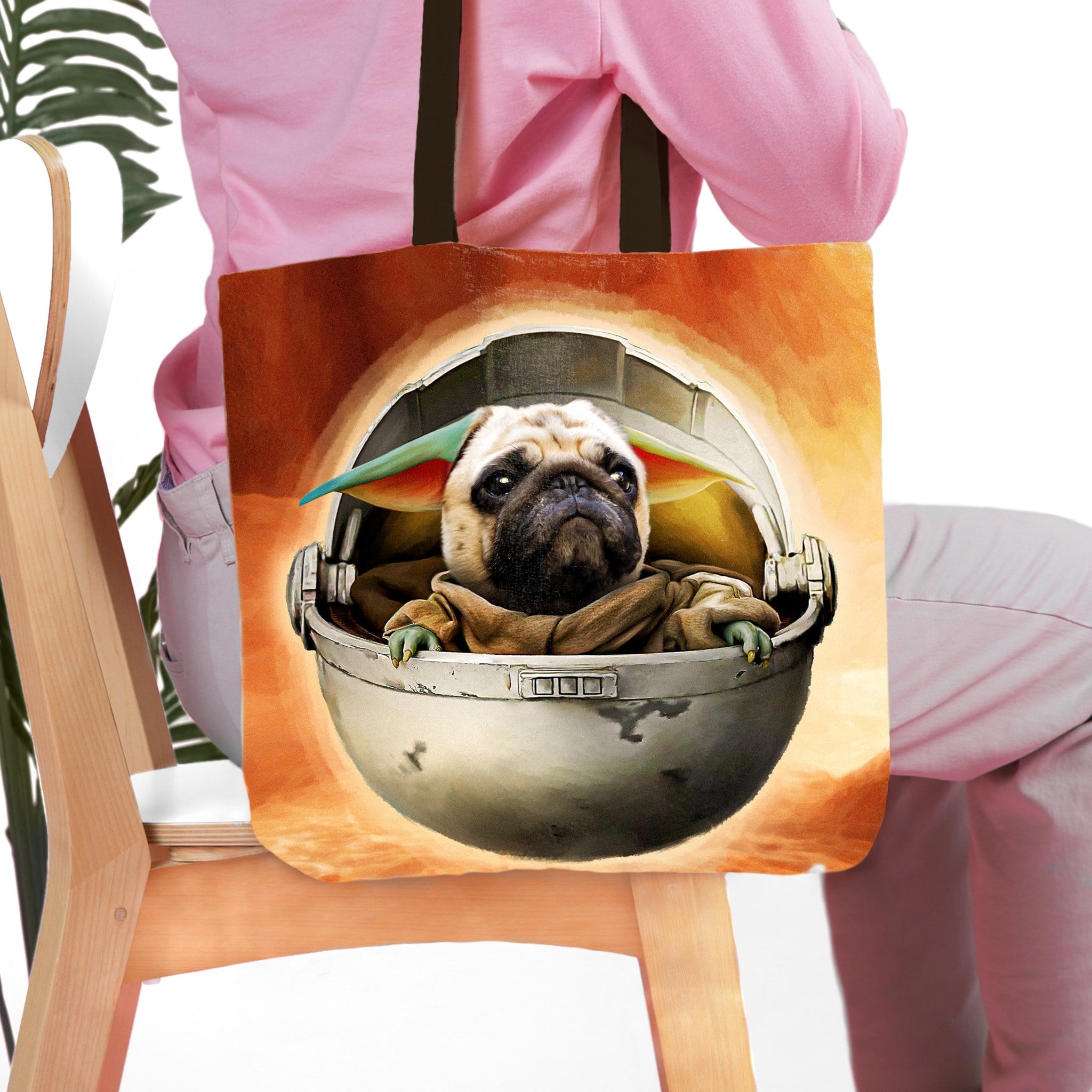 Personalized "Baby Yodogg" tote bag featuring a custom pug pet portrait in a pod.