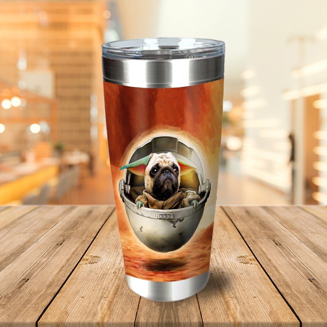 Personalized stainless steel tumbler with a custom pug pet portrait in a "Baby Yoda" style.