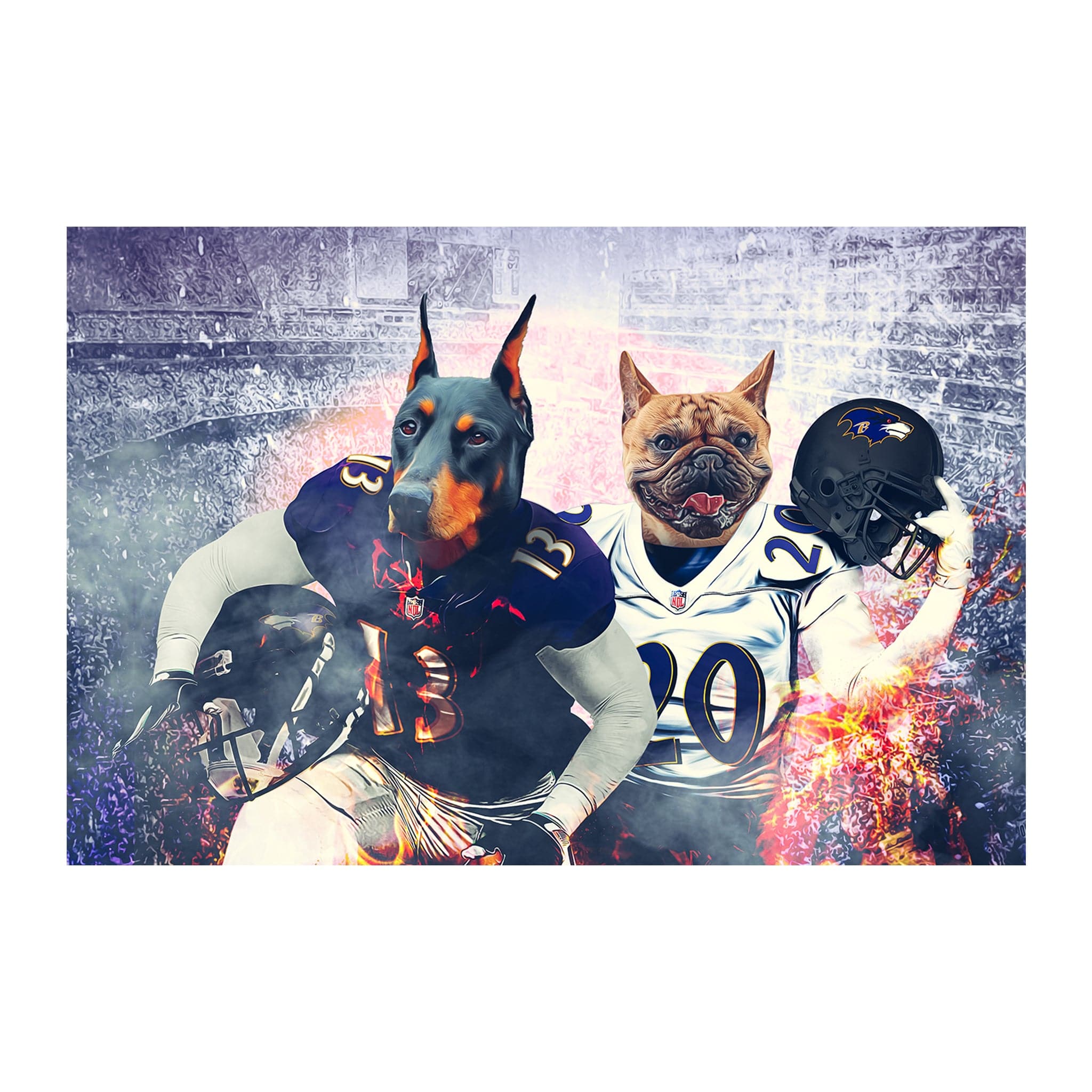 Custom digital portrait of a Doberman and French Bulldog as Baltimore Ravens football players.