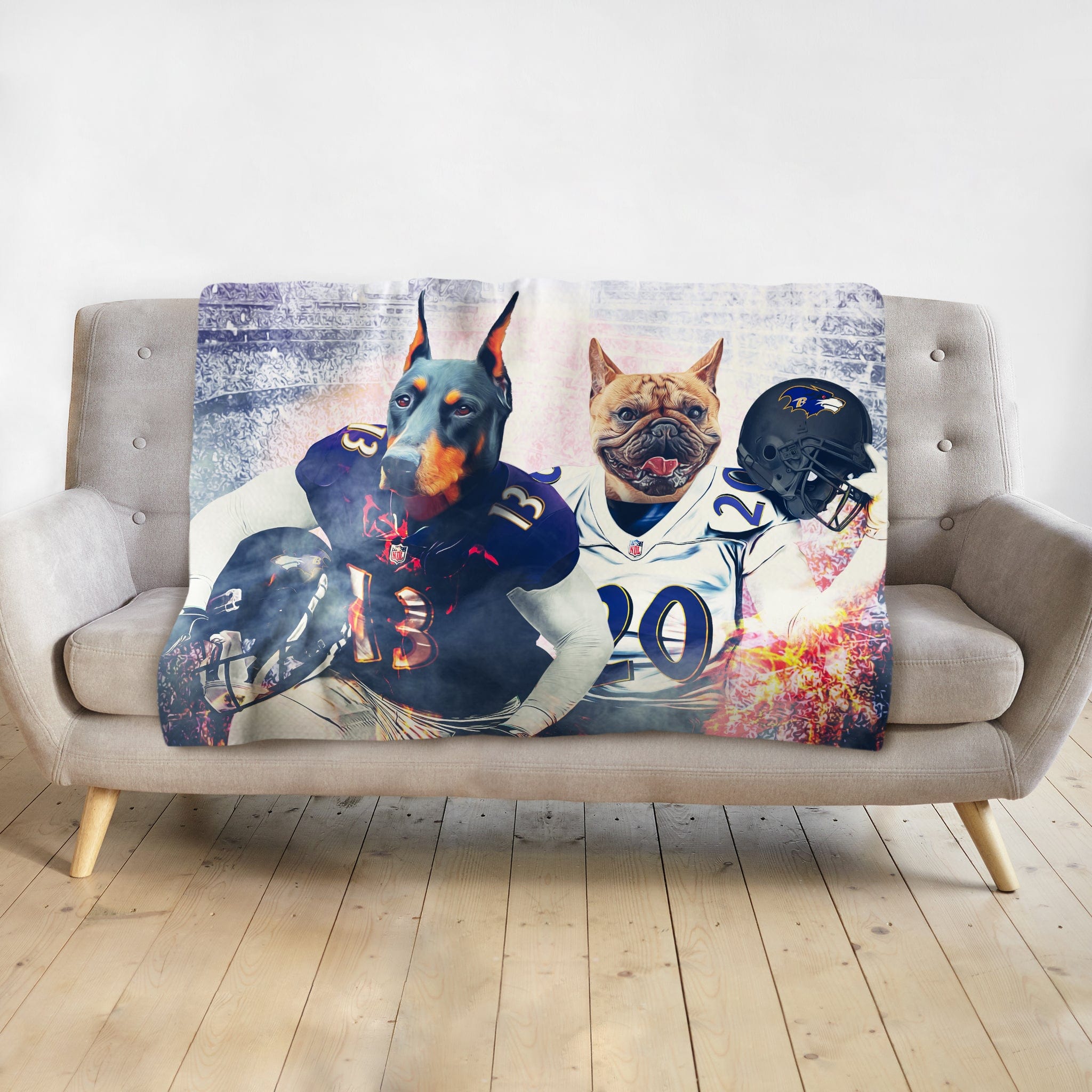 Personalized minky blanket with two custom pet portraits: a Doberman and French Bulldog in football uniforms.