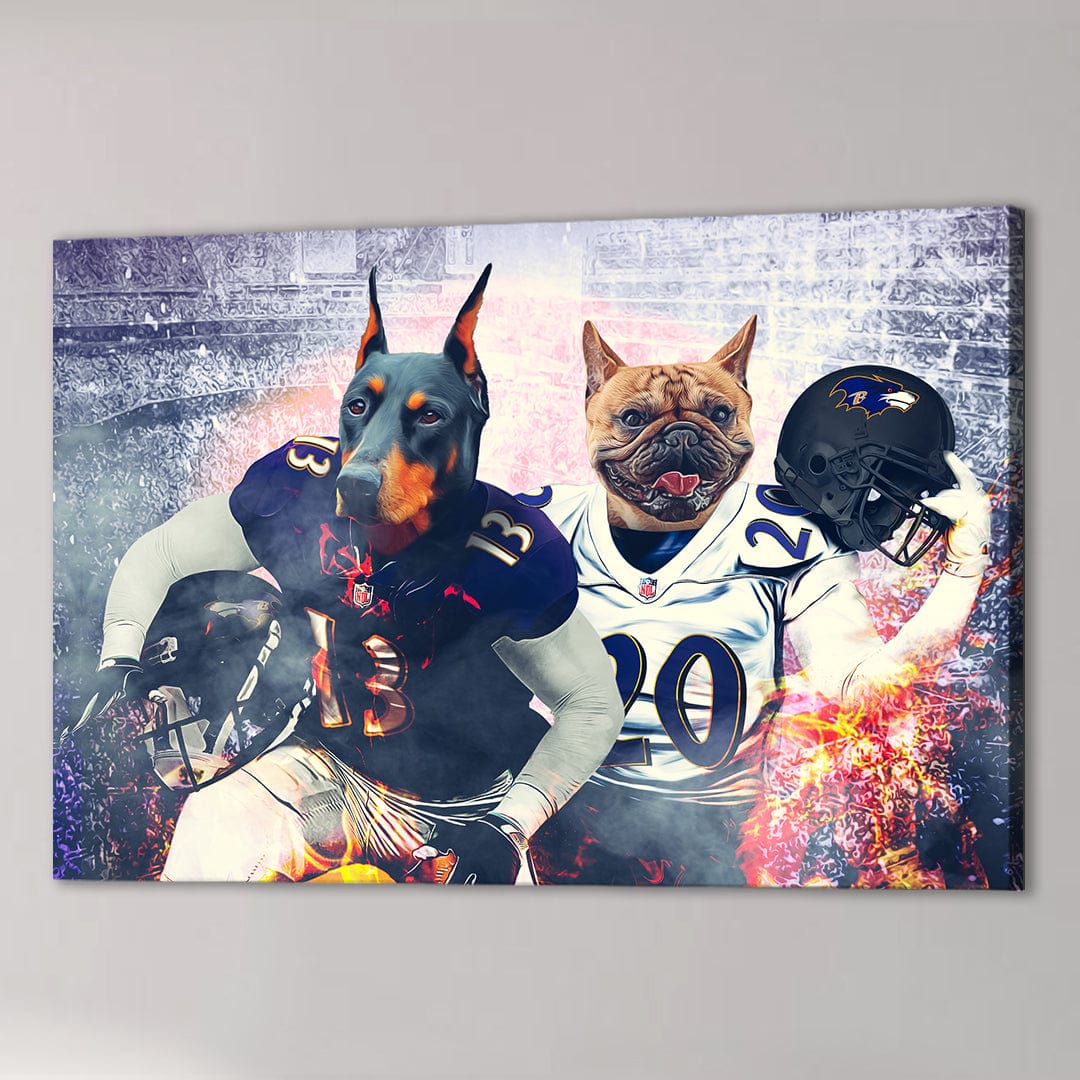 Personalized canvas featuring a Doberman and French Bulldog in Baltimore Ravens football uniforms.