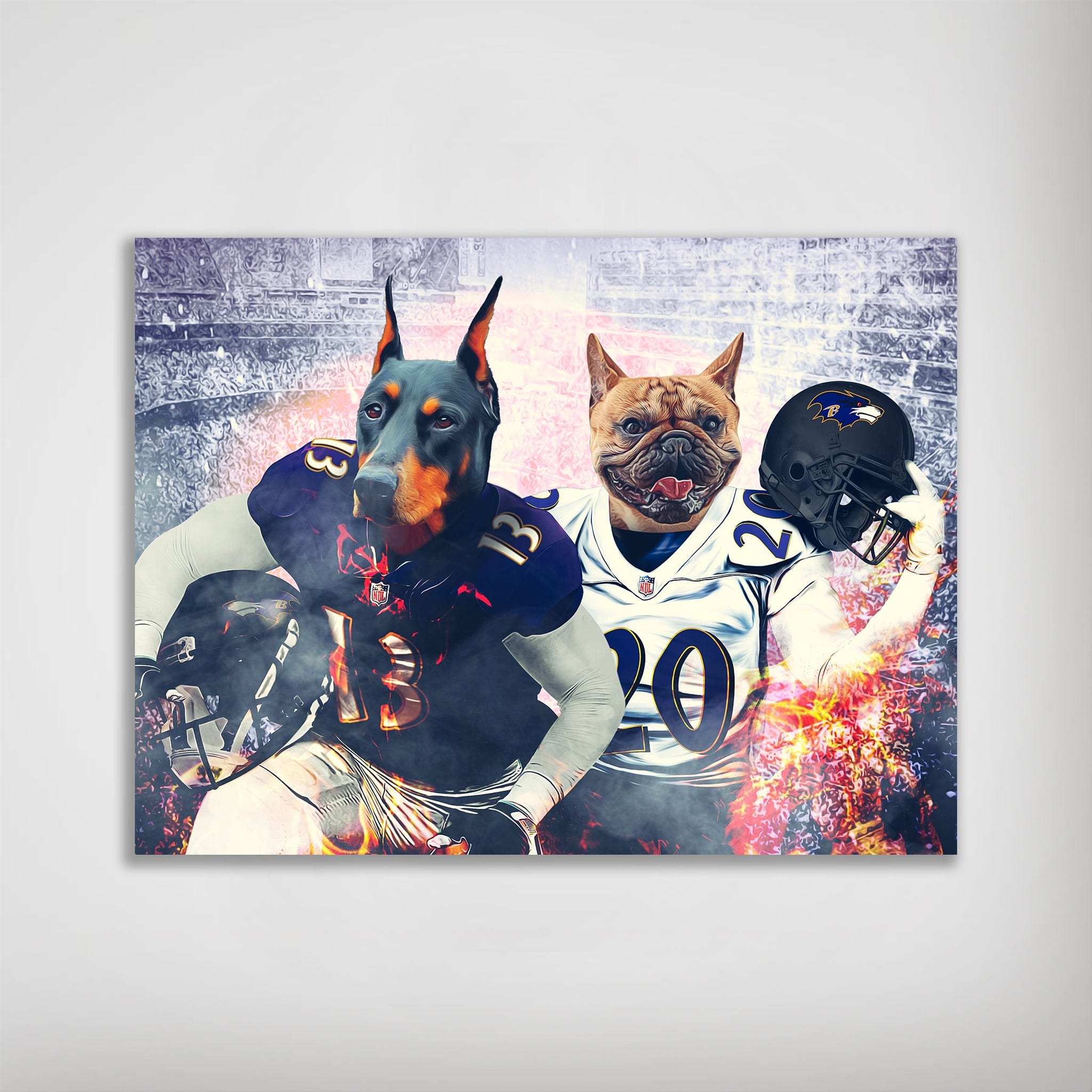 Personalized 'Baltimore Doggos' poster featuring a Doberman and French Bulldog in football uniforms.