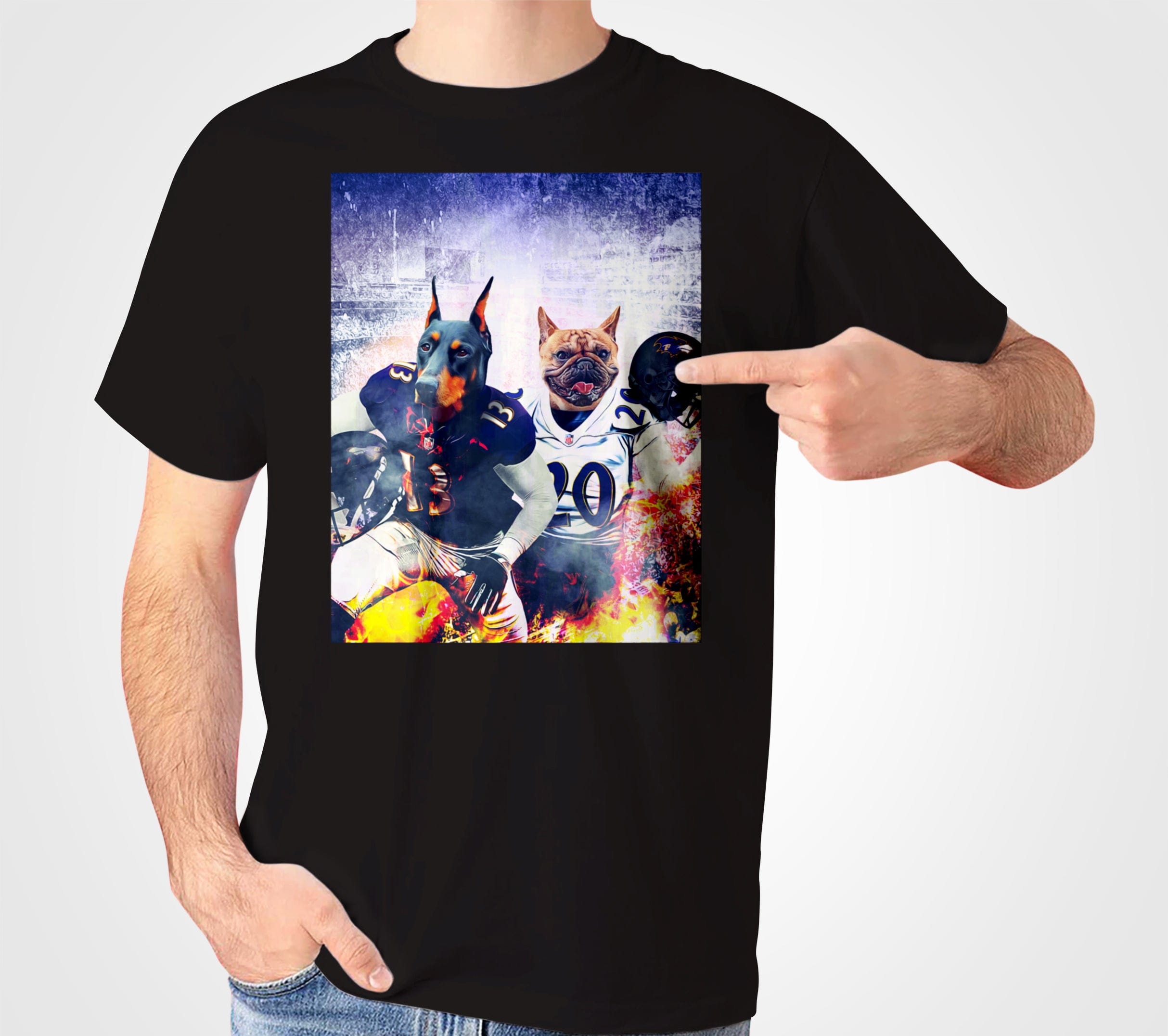 Black Gildan t-shirt with a personalized graphic of two pets dressed as football players.