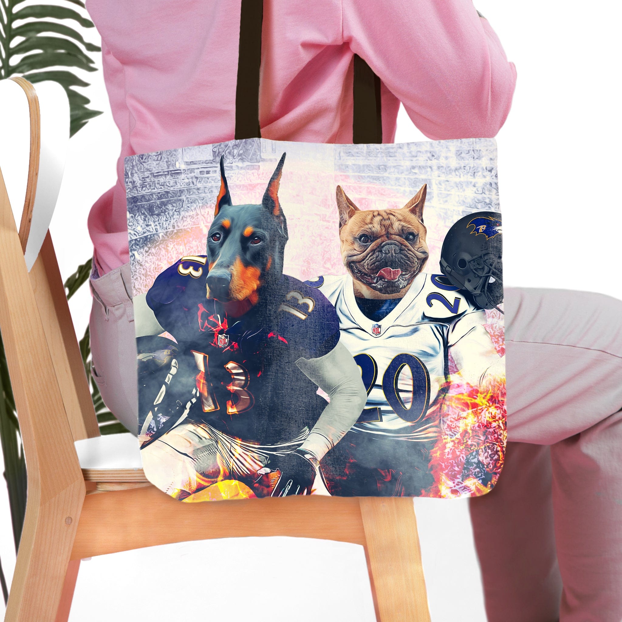 Personalized 2-pet tote bag with a Doberman and French Bulldog in football uniforms.