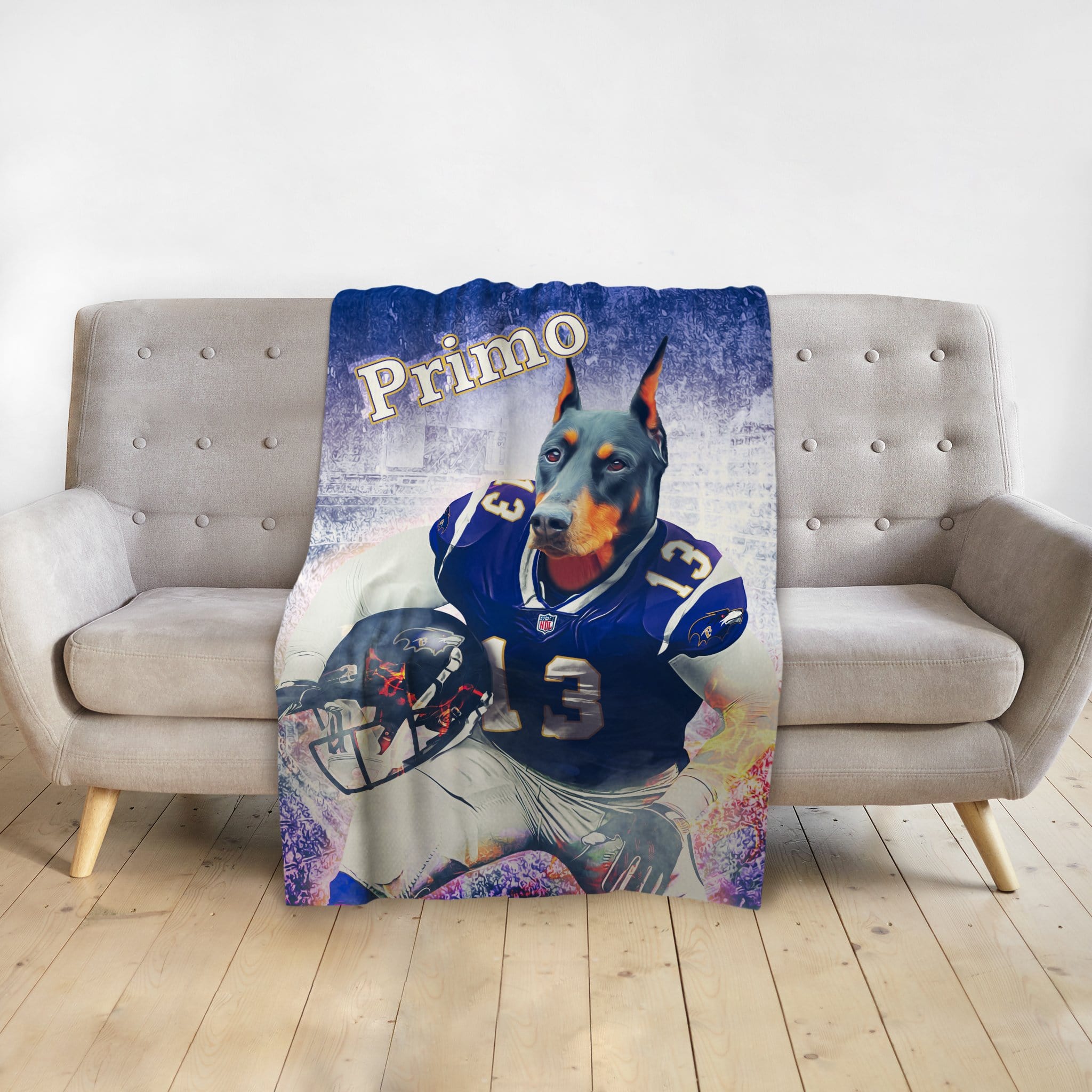 Personalized pet blanket with a Doberman dog portrait in a football uniform, named "Primo".