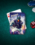 Custom personalized playing card featuring a Doberman dog in a football uniform, named Primo.