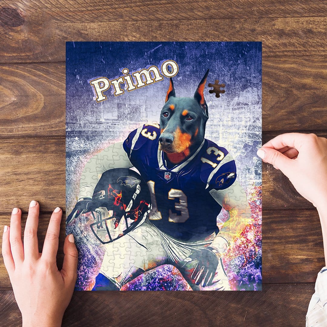 Personalized pet puzzle featuring a Doberman in a blue football uniform, named "Primo.