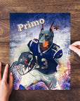 Personalized pet puzzle featuring a Doberman in a blue football uniform, named "Primo.