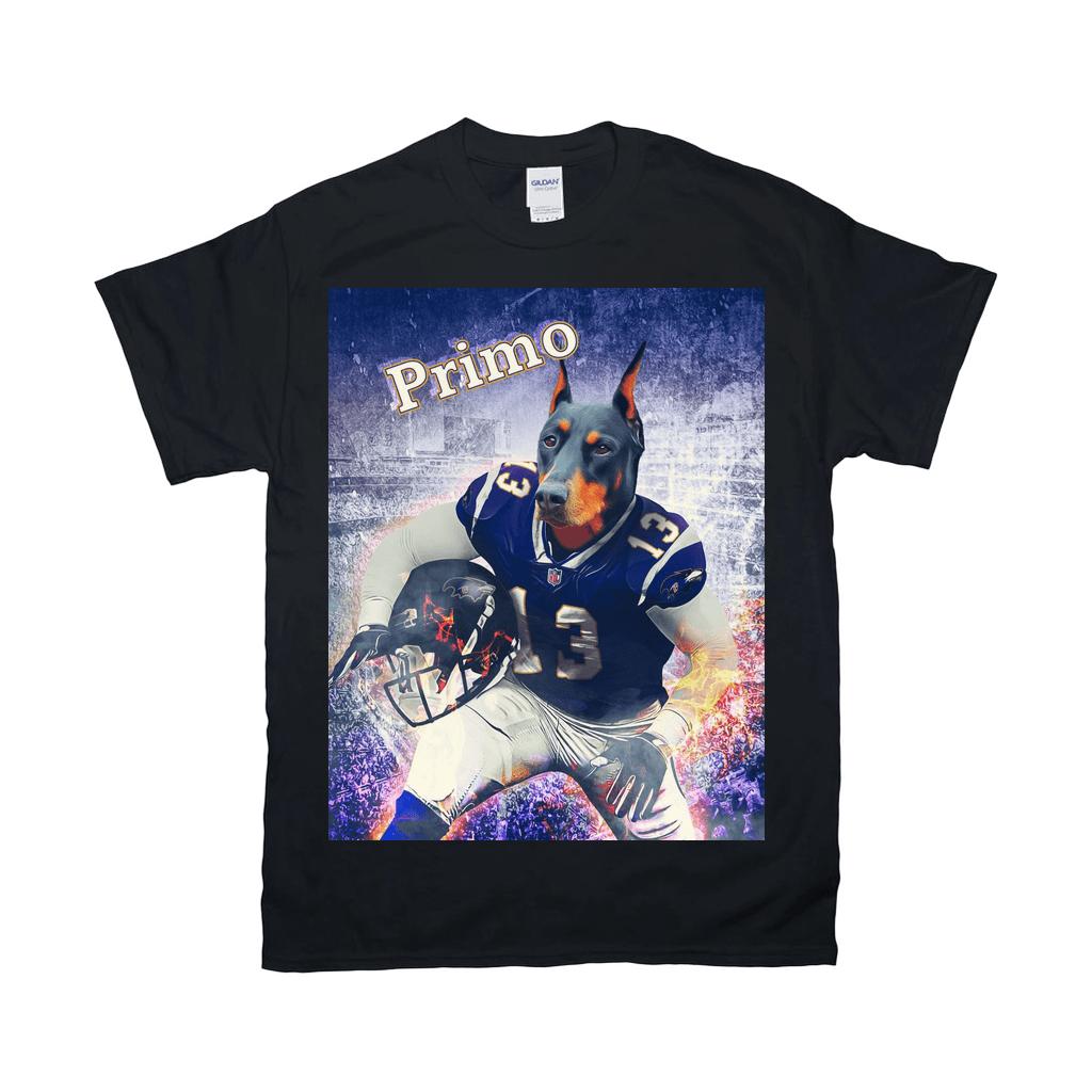 Black Gildan t-shirt with a Doberman's head on an American football player's body, "Primo" above.
