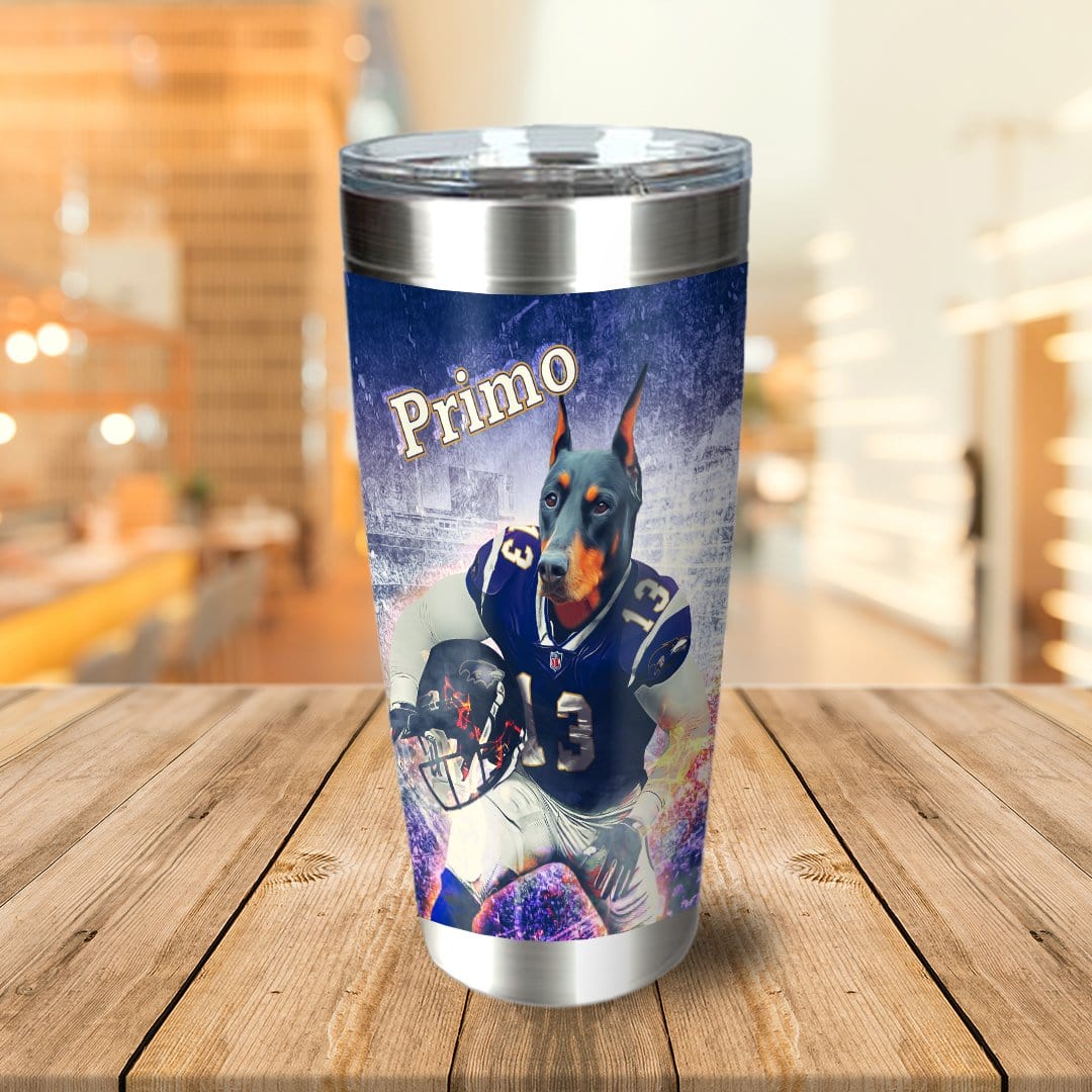 Personalized stainless steel tumbler with a custom Doberman dog portrait in a football uniform.