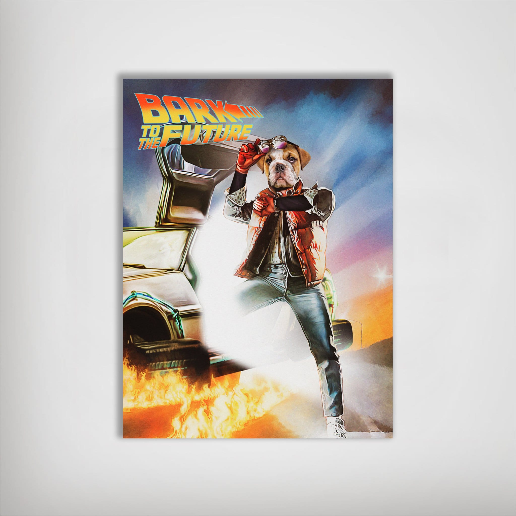 Personalized "Bark to the Future" poster featuring a bulldog in a red vest, standing by a time-traveling car.