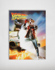 Personalized "Bark to the Future" poster featuring a bulldog in a red vest, standing by a time-traveling car.