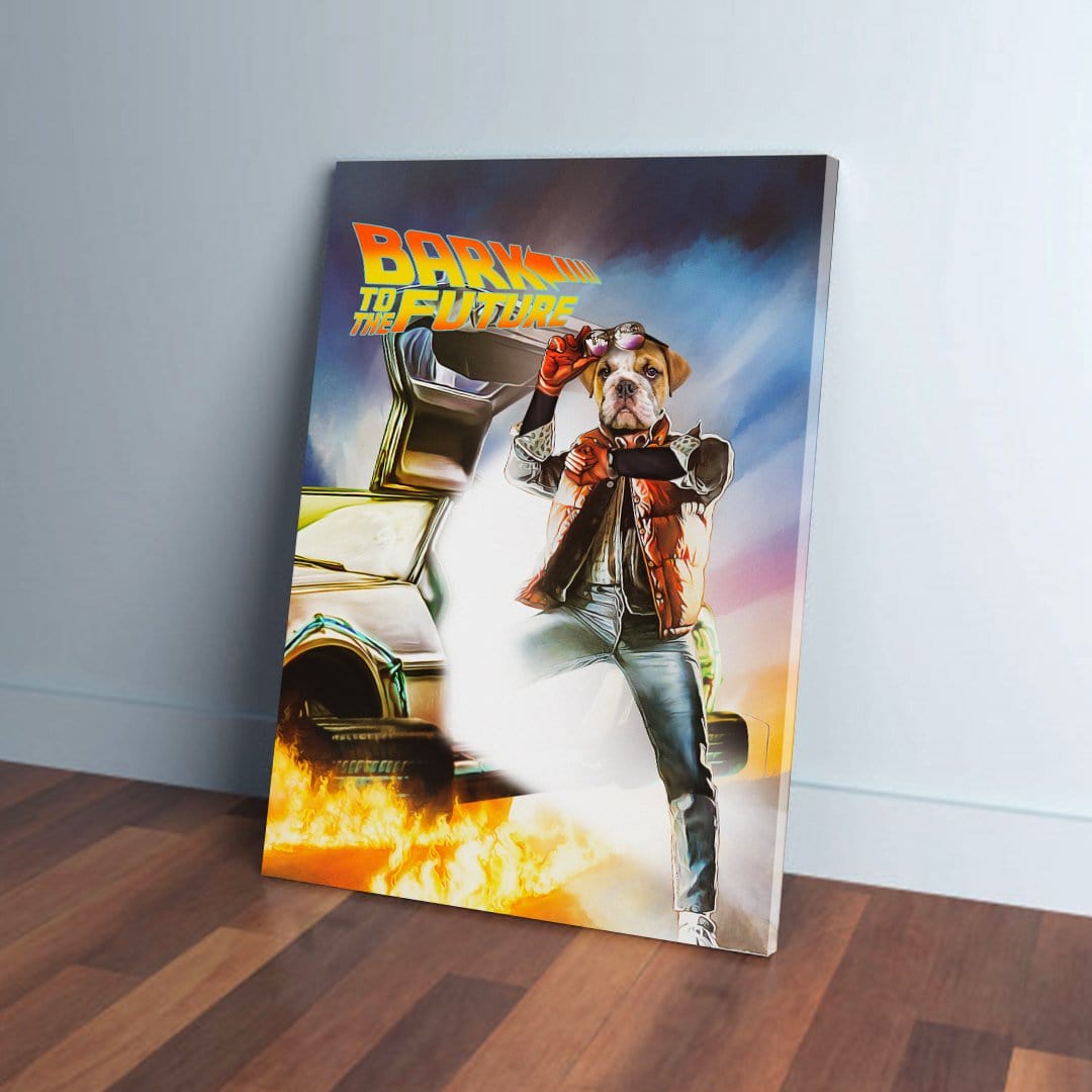 Personalized 'Bark to the Future' canvas featuring a dog as Marty McFly next to a time-traveling car.