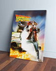 Personalized 'Bark to the Future' canvas featuring a dog as Marty McFly next to a time-traveling car.