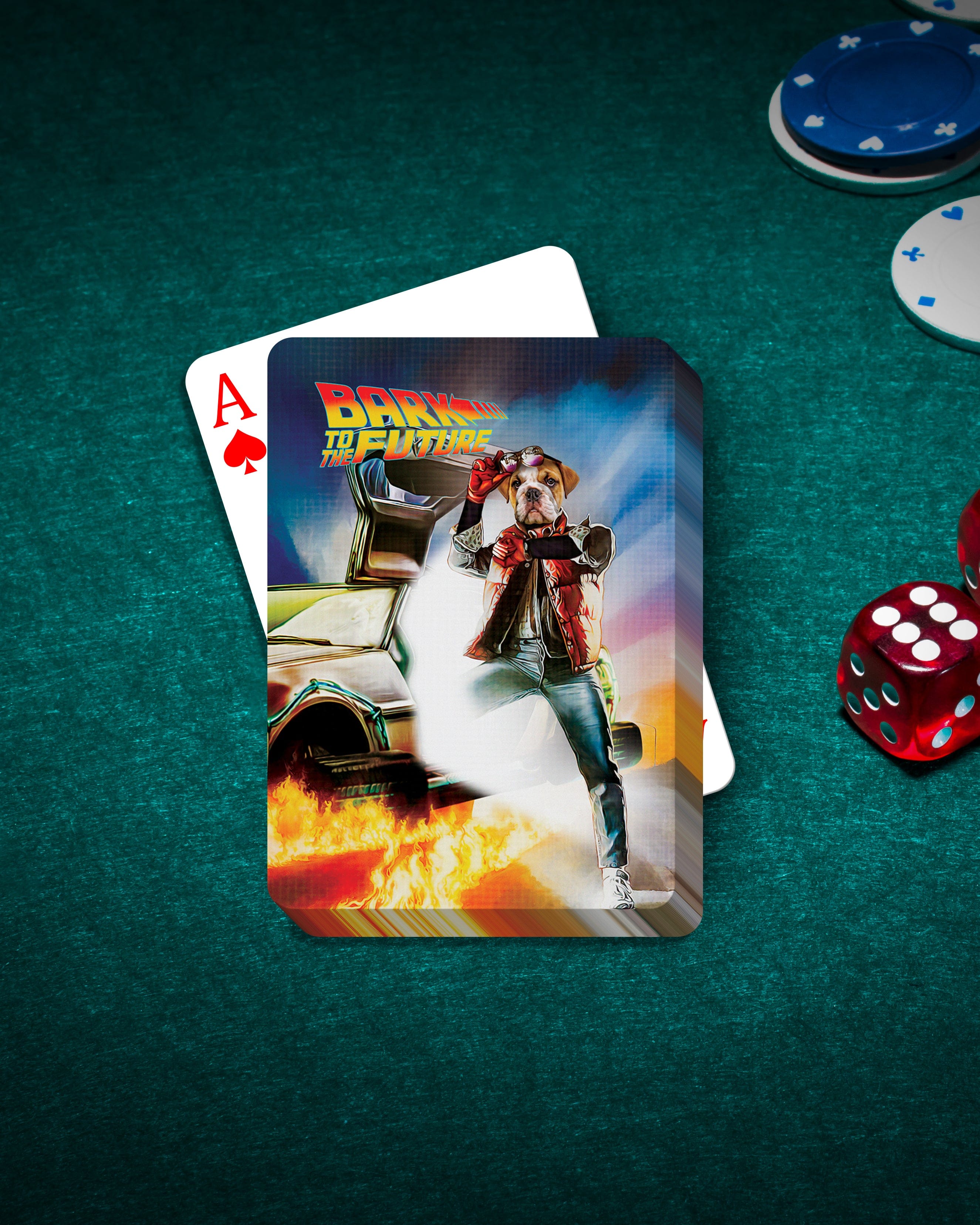 Custom pet playing cards with a dog in a "Bark to the Future" movie poster design on a green felt table.