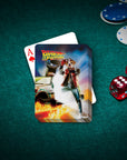 Custom pet playing cards with a dog in a "Bark to the Future" movie poster design on a green felt table.