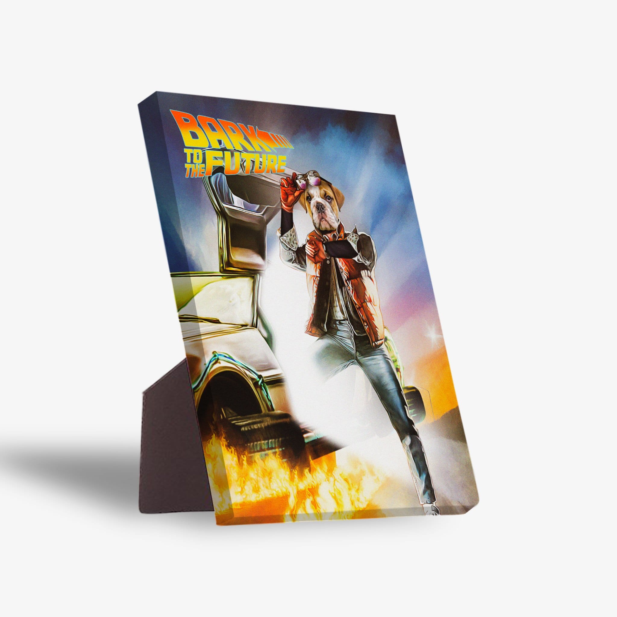 Personalized pet canvas featuring a dog in a "Bark to the Future" movie poster design, with a sturdy stand.