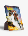 Personalized pet canvas featuring a dog in a "Bark to the Future" movie poster design, with a sturdy stand.